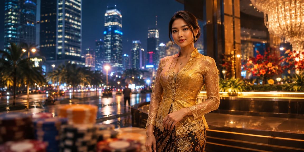 Suasana festival kasino yang meriah dengan pencahayaan warna-warni di malam hari
